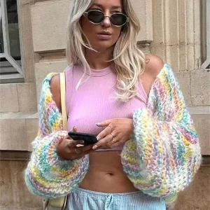 Winter Lantern Sleeve Rainbow Loose Y2K Knitted Crochet Casual Cropped Tops Plus Size Women’s Cardigan Sweater