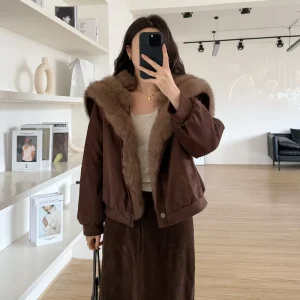 Winter Navy Collar Full Sleeved Fox Fur Women’s Parka Coat with Down and Feather Lining Thick Customizable
