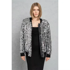 Winter Plus Size Women’s Jacket Black and Silver Sequin Shiny Jacket Lined