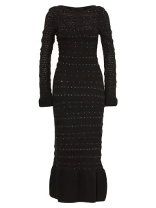 Winter Round Neck Ruffle Hollowed out Crochet Rhinestone Long Elegant Dresses Women’s Knit Dress