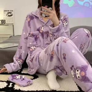 Winter Sleepwear Flannel Long Sleeve Cute Cartoon Thickened Warm Pajamas Women’s Cardigan Home Pajamas Set