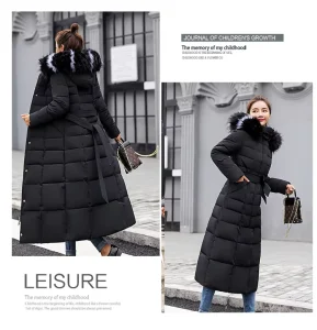 Winter Slim Quilted Coats Women Long Down Coat Fur Collar Hooded Custom Outwear Thick Cotton Padded Long Jackets Puffer