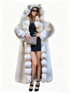 Winter Warm Hooded Maxi Faux Fur Jacket Women Chic Fluffy for Date Night High Street Style Women’s Faux Fur Coats ODM / OEM