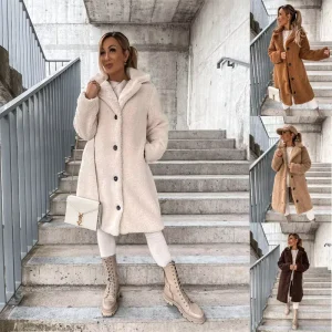 Winter Warm Women’s Plush Coat Long Sleeved Lapel Casual Women’s Coat