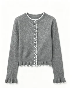Winter Women’s 100% Polyester Anti-wrinkle Crew Neck Knit Cardigan Sweater Coat with Solid Wooden Ear Edge Design