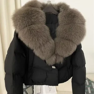 Winter Women’s 90% White Duck Feather Parka Big Natural Fox Fur Fluffy Puffer Coat Knitted Short Length Elegant Style