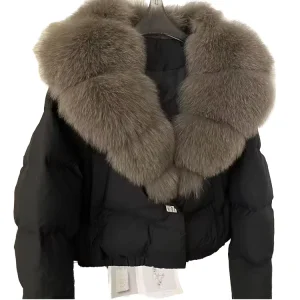 Winter Women’s 90% White Duck Feather Parka Windproof Big Natural Fox Fur Fluffy Puffer Coat 90% White Duck Short