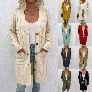 Winter Women’s Cardigan Sweater Buttons Pockets Knitwear Long Knit Sweater
