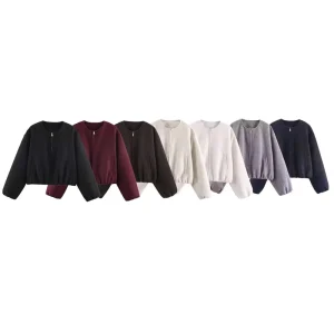 Winter Women’s Casual Versatile Loose Crew Neck Short Long Sleeve Bomber Jacket 3046264