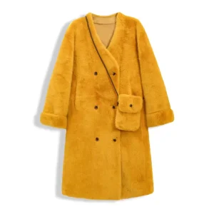 Winter Women’s Elegant Youth Style Long-Length Double Breasted V-neck Worsted Fabric 100% Polyester Flocking Decoration Coat
