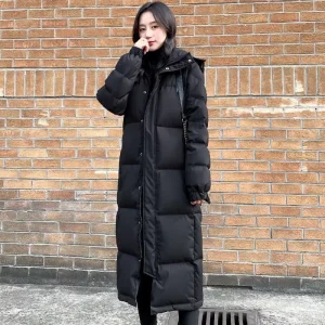 Winter Women’s Long Knee-length Waterproof Hooded Filling Polyester Bomber Jacket Thick Filling Zipper Closure Pockets For