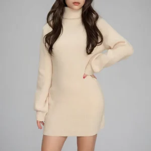 Winter Women’s Slim Fit Mini Bodycon Knit Dress High Neck Knitwear Long Sleeve Female Knitted Sweater Dress