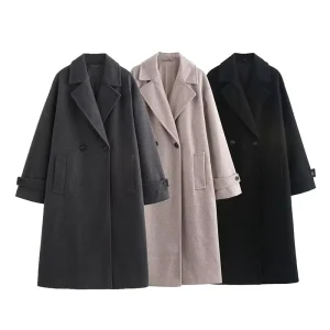 Winter Women’s Tweed Overcoat Long Sleeve Double Breasted Loose Jacket Long Women’s Warm Coat