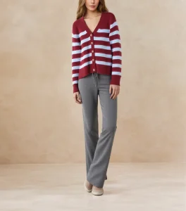 Winter Women’s V Neck Cardigan Coat New Long Embroidered Pattern Striped Knit Sweater