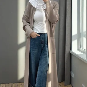Winter Wool Polyester Sweater Islamic Clothing Kimono Cardigan Front Open With Pockets Black Women’s Modest Abaya