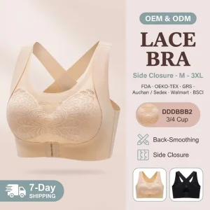Wireless Bra For Women Plus Size Lace Push Up Seamless Side Closure Breathable Back Smoothing Criss Cross Molded Cup