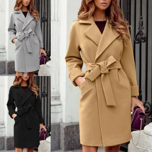 Woman Coats Fashionable Lapel Belted Overcoat Wool Blend Coats