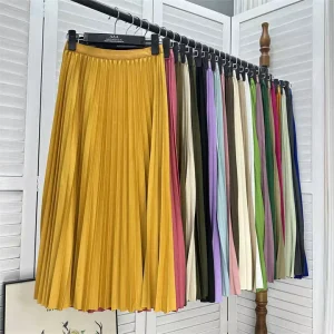 Woman’s Midi Pleated Skirts Elegant Satin A-line Slim Skirt for Women Casual Summer Faldas Jupe Long Pleated Skirt