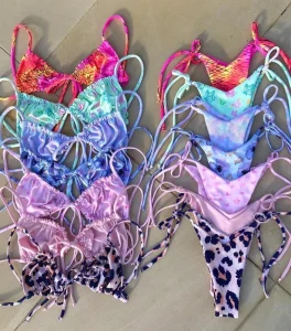 Woman’s Sexy Bikini Floral and Leopard Pattern Textured Ribbed Swimwear 2-Piece Set Triangle Beachwear