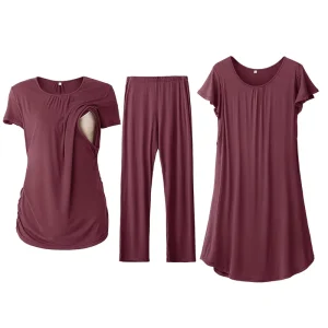 Women 3 PCS Maternity Nursing Nightgown Dress Short Sleeve Breastfeeding Top Pregnancy Maternity Nightgown
