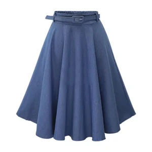 Women A-line Denim Midi Skirt Dress Loose Elastic Waist With Belt Lady Solid Color Simple Casual Skirt