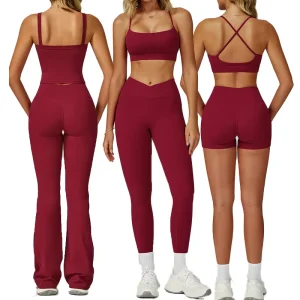 Women Active Wear Yoga Set Cross Back Bra Tank Top Side Pocket Flared Legging Outdoor Gym Sportswear Outfit