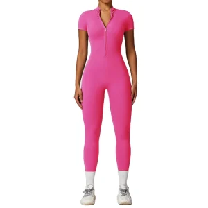 Women Activewear for Sports Bodysuit Quick-Dry Breathable Yoga Jumpsuit Zipper Short Sleeve Fitness Wear for Outdoor