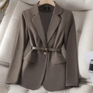 Women Autumn New Suit Coat Lapel Collar Jacket Women’s Solid Color Professional Casual Fashion Office Lady Belt Tops Suit Coat