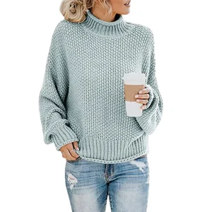 Women Autumn Winter Long Sleeve Sweater Solid Color Knit Casual Knitwear Thick Turtleneck Pullover Sweater