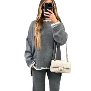 Women Autumn Winter Two Piece Sweater Set Solid Color Casual Loose Knit Outfit Bulk Order