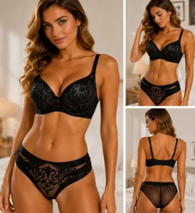Women Black Embroidered Push Up Bra and Panty Set Lace Mesh Seamless Soft Breathable Lightweight Underwear Set