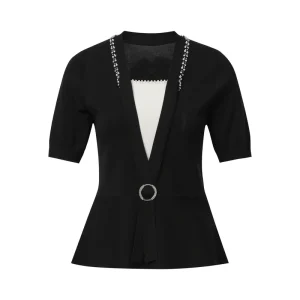 Women Black Knit Short Sleeve Top Rhinestone Lapel V Neck Peplum Blouse Circle Buckle Waist Slim Office Lady Knit Shirt