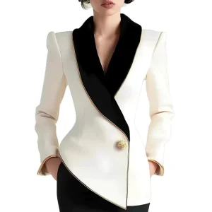 Women Blazer Jacket Elegant Asymmetrical White Blazer with Black Contrast Lapels Long Sleeves Slim Blazers Women’s Outerwear