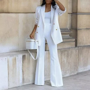 Women Blazer Set Fashionable Women’s Long Sleeved Solid Color Suit Jacket Long Pants Set Office Business Set