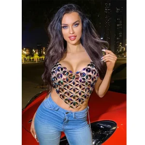 Women Bling Diamond Body Jewelry Bra Sexy Nightclub Rhinestone Crystal Metal Body Chain Tops Bikini