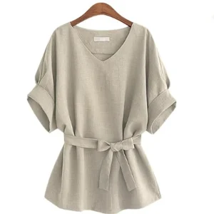 Women Blouses Linen Tunic Shirt V Neck Big Bow Batwing Loose Ladies Blouse Top