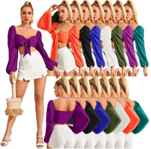Women Bowknot Lace up Office White Blouse Club Top Summer Casual Shirts Full Puff Sleeve T Shirt
