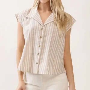 Women Button up Shirt Tops Lady Office V Neck Blouse Vintage Turn down Collar Stripe Blouse Women’s Sleeveless Shirts