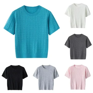 Women Cable Knit Short Sleeve Knit Top Sparkly Sequin Crew Neck Slim Knitted Pullover Solid Color Casual Knit Tee