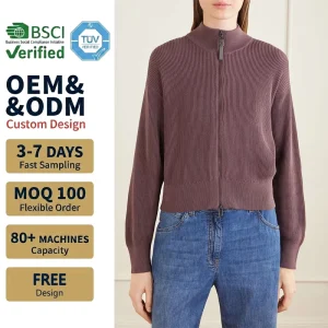Women Cardigan Knit Shirt Factory Custom Cotton Blend Zipper Stand Collar Button Spring Vintage Style OEM Logo