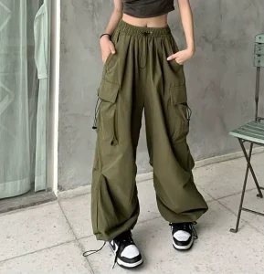 Women Cargo Pants Drawstring Big Pockets Straight Trousers Female Loose Jogger Pants