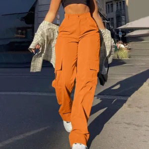 Women Cargo Pants With Pockets Straight Loose Mid Waist Ladies Pants Trousers