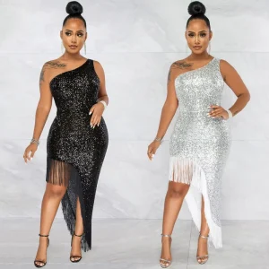 Women Casual Fashion Sexy Sequin Dress One Shoulder Irregular Slit Tassel Evening Elegant Party Club Bodycon Dresses