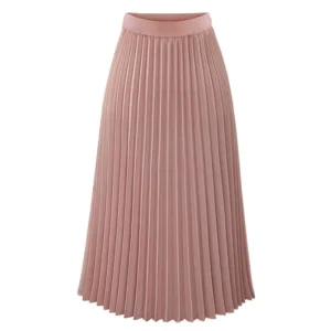 Women Casual Mid Length Skirt Chiffon High Waist Solid Color Elegant Pleated Midi Skirt