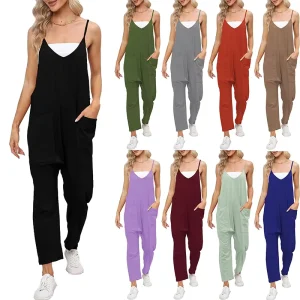 Women Casual Spaghetti Strap Loose Romper Stretch Overalls Pocket Summer Fashion Jumpsuits