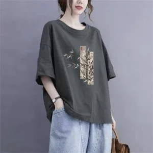 Women Casual Summer Half-Sleeve T-Shirt Mom’s Clothing Printed Pattern Loose Plus Size Short Top for Women