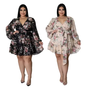 Women Clothes Plus Size Women Clothing Long Sleeve Personalized Printed Hip Cover Plus Size Dress