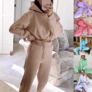 Women Clothing Crop Top Sweatshirt and Jogger Set Casual Sports Running Two Piece Sets