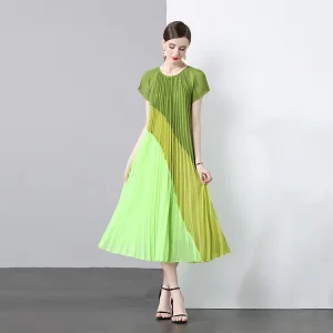 Women Clothing Dress Summer Vintage O Neck Slim Pleated Midi Dress for Women Short Sleeve Empire Shift Lace Dress Purple Yellow
