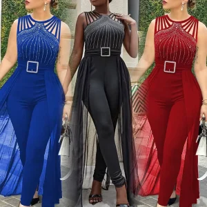 Women Clothing Ladies Temperament Sleeveless Rhinestone Design Waist Mesh One Piece Party Women’s Jumpsuit
